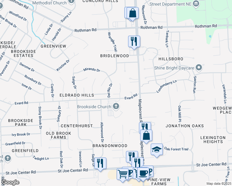 map of restaurants, bars, coffee shops, grocery stores, and more near 6704 Del Rio Drive in Fort Wayne
