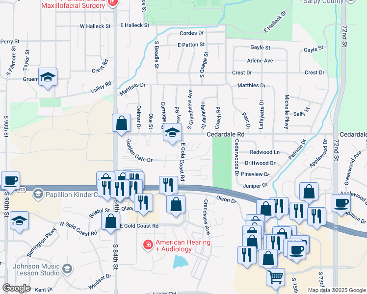 map of restaurants, bars, coffee shops, grocery stores, and more near 1234 East Gold Coast Road in Papillion
