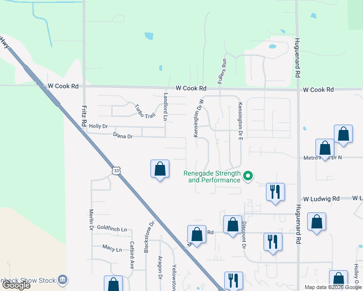 map of restaurants, bars, coffee shops, grocery stores, and more near 4600-4798 Gayle Court in Fort Wayne