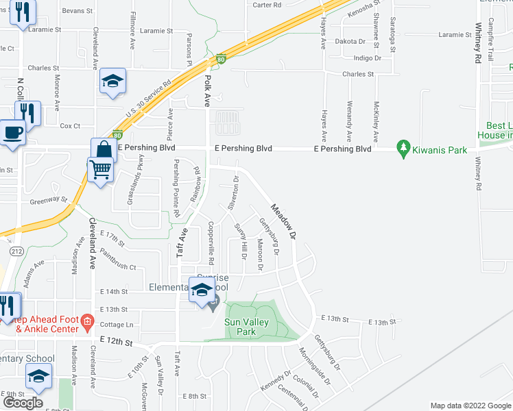 map of restaurants, bars, coffee shops, grocery stores, and more near 2009 Gettysburg Drive in Cheyenne
