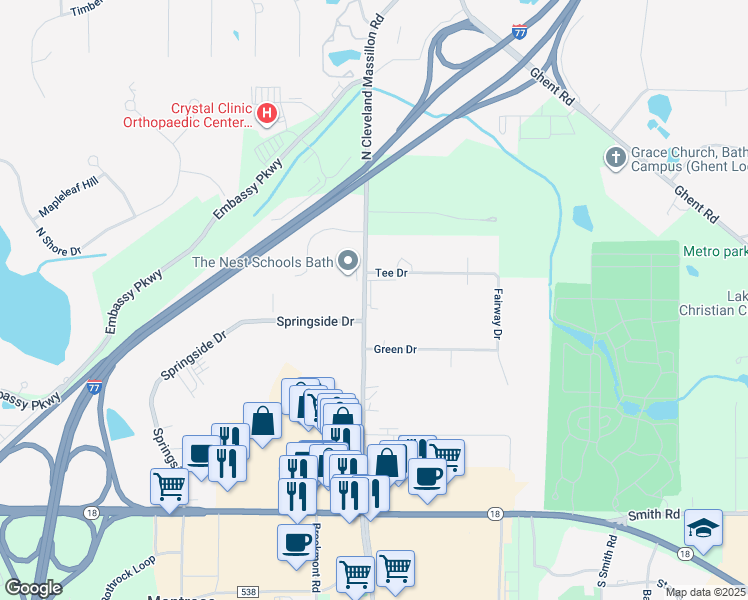 map of restaurants, bars, coffee shops, grocery stores, and more near 251 North Cleveland Massillon Road in Akron