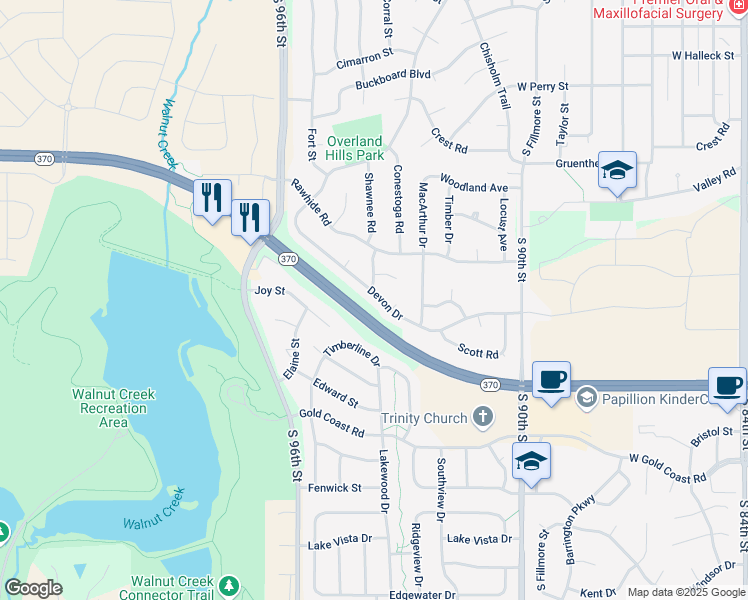 map of restaurants, bars, coffee shops, grocery stores, and more near 1121 Shawnee Road in Papillion