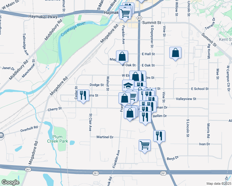 map of restaurants, bars, coffee shops, grocery stores, and more near 221 Harris Street in Kent