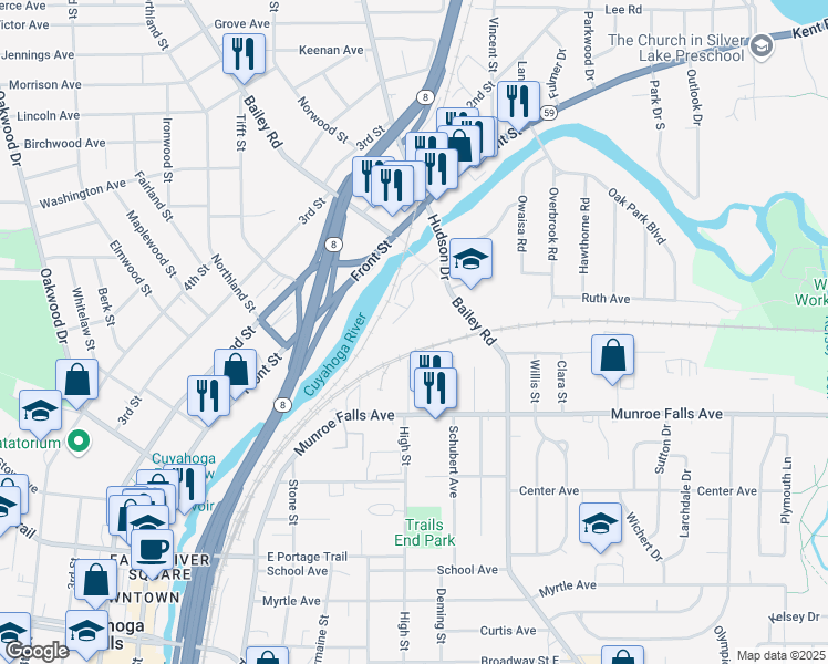 map of restaurants, bars, coffee shops, grocery stores, and more near 2550 Bailey Road in Cuyahoga Falls