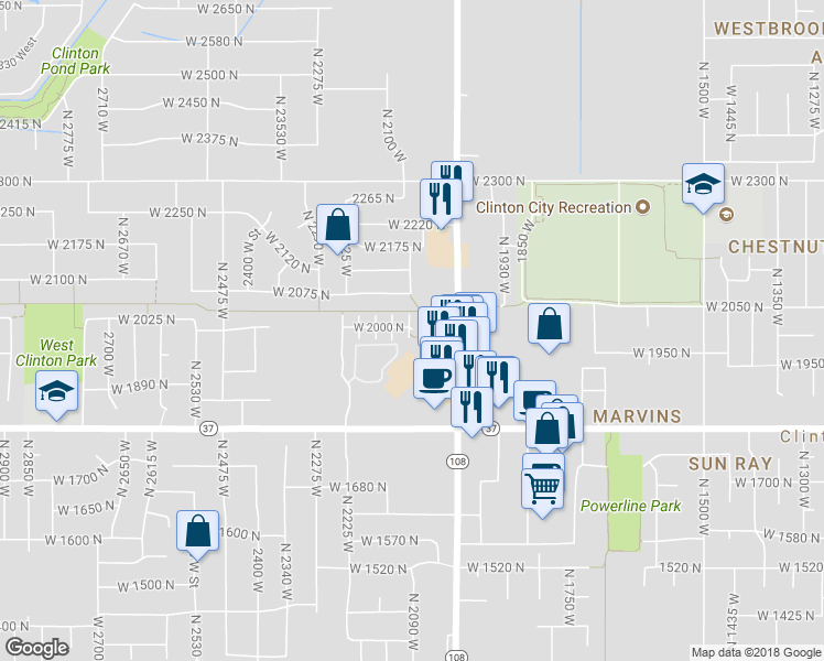 map of restaurants, bars, coffee shops, grocery stores, and more near 1969 West 2000 North in Clinton