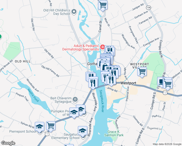 map of restaurants, bars, coffee shops, grocery stores, and more near 84 Wilton Road in Westport