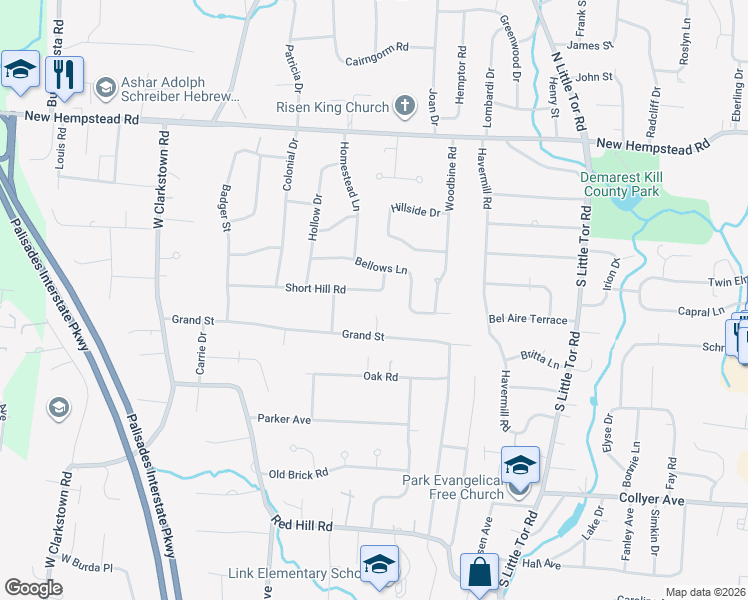 map of restaurants, bars, coffee shops, grocery stores, and more near 1 Bellows Lane in New City
