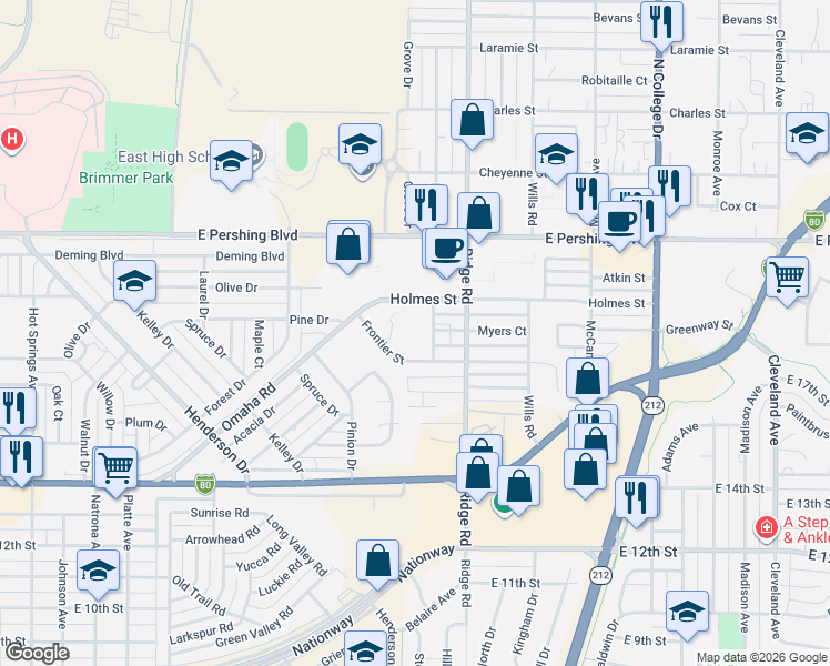 map of restaurants, bars, coffee shops, grocery stores, and more near 2500 Windwood Drive in Cheyenne