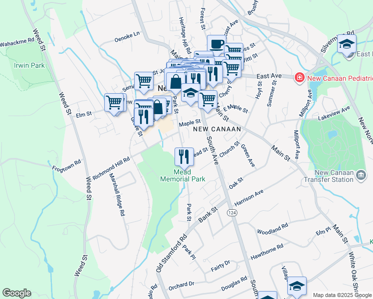 map of restaurants, bars, coffee shops, grocery stores, and more near 160-180 Park Street in New Canaan
