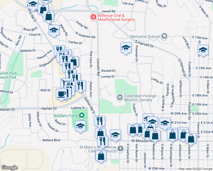 map of restaurants, bars, coffee shops, grocery stores, and more near 907 Lemay Drive in Bellevue