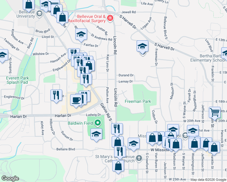 map of restaurants, bars, coffee shops, grocery stores, and more near 1009 Lemay Drive in Bellevue