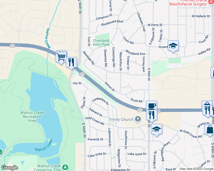 map of restaurants, bars, coffee shops, grocery stores, and more near 1121 Shawnee Road in Papillion