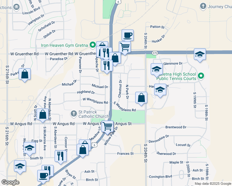 map of restaurants, bars, coffee shops, grocery stores, and more near 506 Chestnut Drive in Gretna