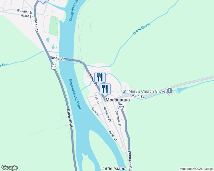 map of restaurants, bars, coffee shops, grocery stores, and more near 11 Creek Street in Luzerne