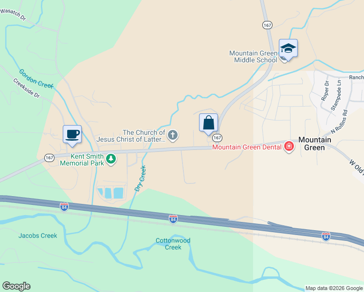 map of restaurants, bars, coffee shops, grocery stores, and more near in Mountain Green