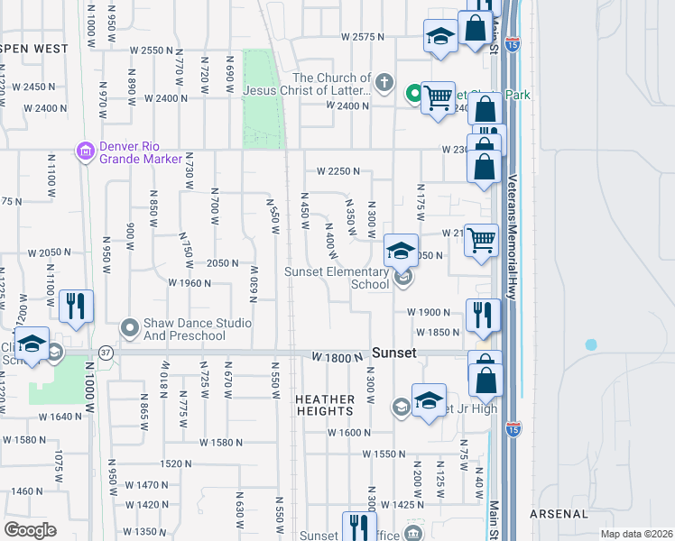map of restaurants, bars, coffee shops, grocery stores, and more near 2001 North 400 West in Sunset