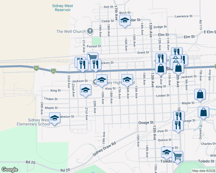 map of restaurants, bars, coffee shops, grocery stores, and more near 1801-1841 Jackson St in Sidney