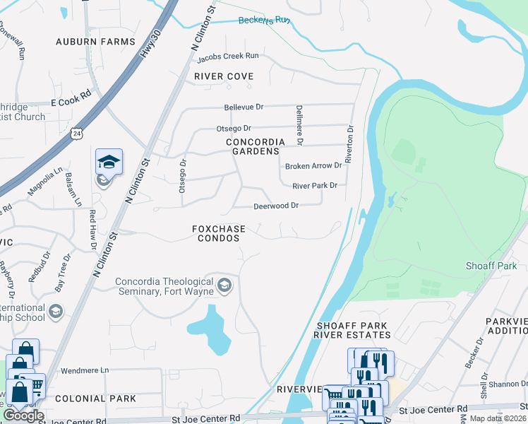 map of restaurants, bars, coffee shops, grocery stores, and more near 2424 Parkcrest Drive in Fort Wayne