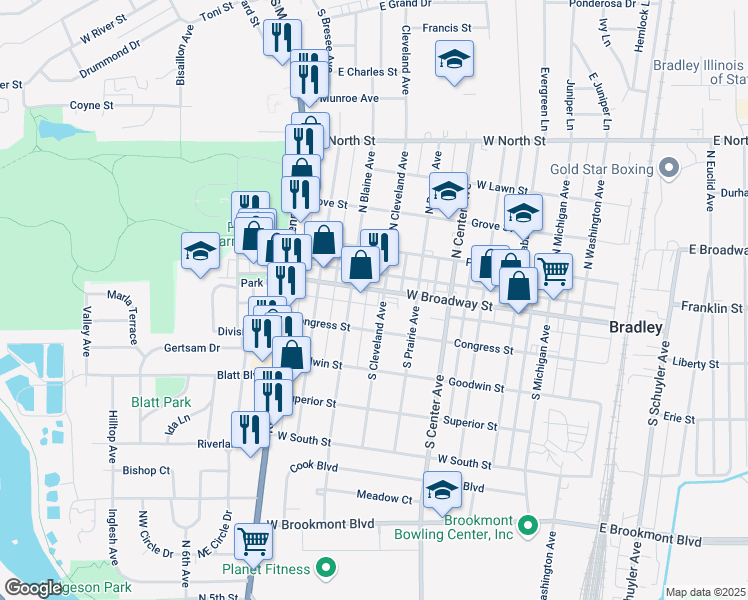 map of restaurants, bars, coffee shops, grocery stores, and more near in Bradley