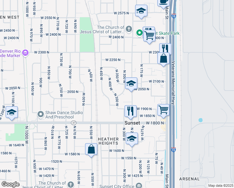 map of restaurants, bars, coffee shops, grocery stores, and more near 1998 North 350 West in Sunset