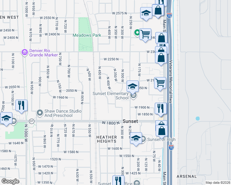 map of restaurants, bars, coffee shops, grocery stores, and more near 1998 North 350 West in Sunset