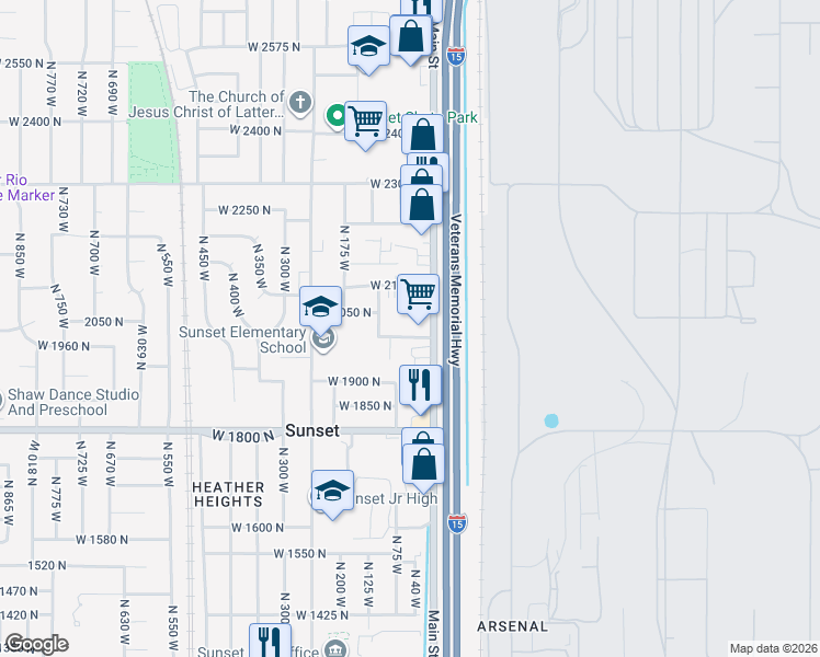 map of restaurants, bars, coffee shops, grocery stores, and more near 2043 North Main Street in Sunset