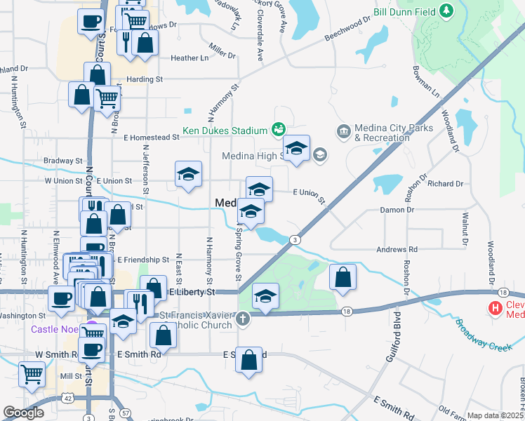 map of restaurants, bars, coffee shops, grocery stores, and more near 320 North Spring Grove Street in Medina
