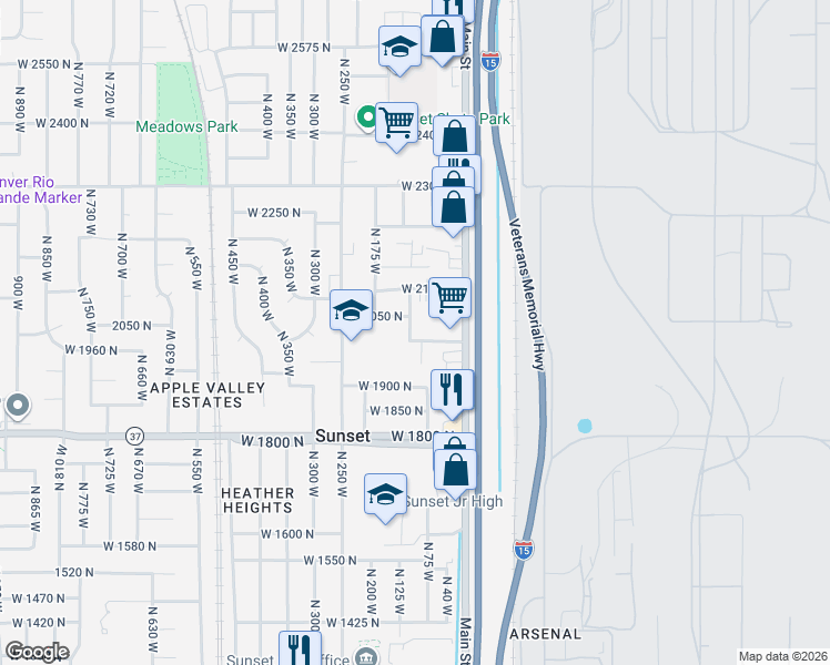 map of restaurants, bars, coffee shops, grocery stores, and more near 94 West 2000 North in Sunset