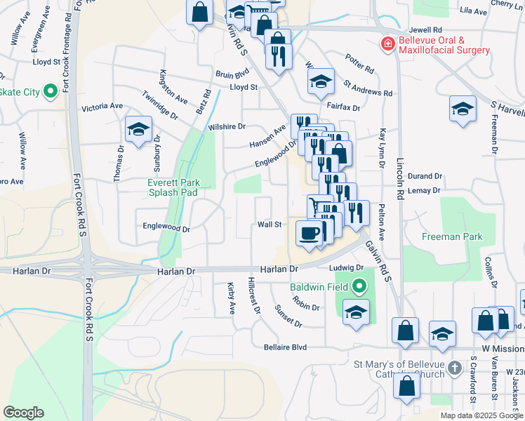 map of restaurants, bars, coffee shops, grocery stores, and more near 1802 Wall Street in Bellevue
