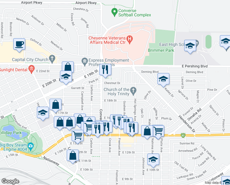 map of restaurants, bars, coffee shops, grocery stores, and more near 1847 Crook Avenue in Cheyenne