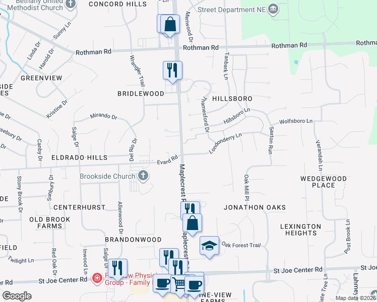 map of restaurants, bars, coffee shops, grocery stores, and more near 6800 Maplecrest Road in Fort Wayne
