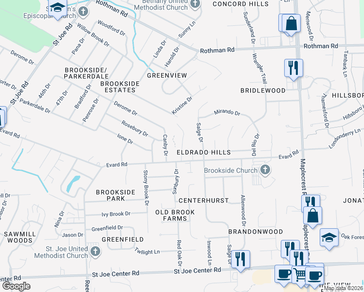 map of restaurants, bars, coffee shops, grocery stores, and more near 6825 Ramblewood Drive in Fort Wayne