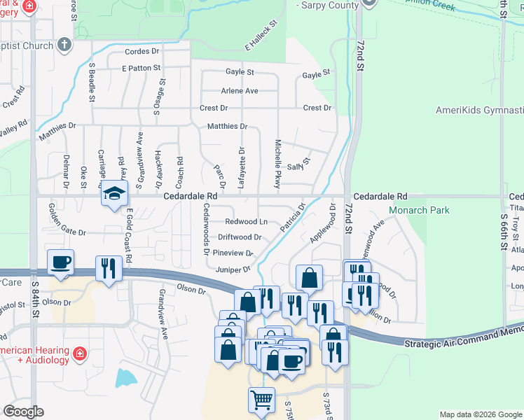 map of restaurants, bars, coffee shops, grocery stores, and more near 822 Spruce Drive in Papillion