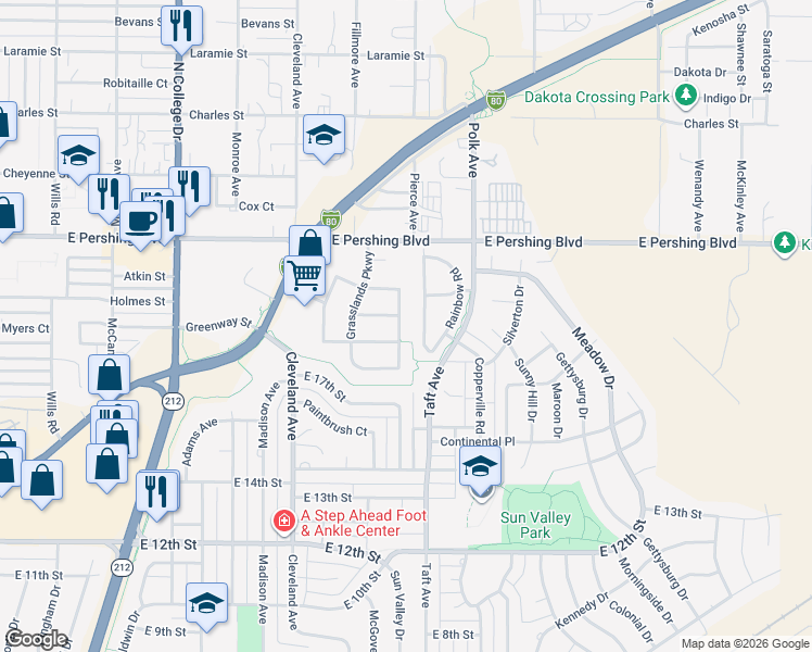 map of restaurants, bars, coffee shops, grocery stores, and more near 1905 Appaloosa Drive in Cheyenne