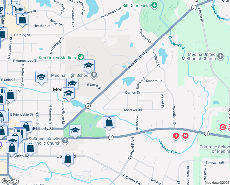 map of restaurants, bars, coffee shops, grocery stores, and more near 834 Weymouth Road in Medina