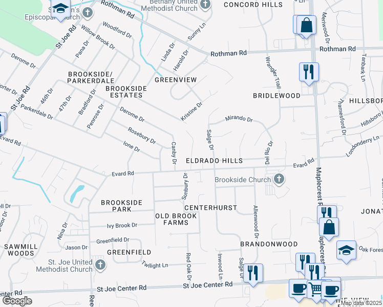 map of restaurants, bars, coffee shops, grocery stores, and more near 6825 Ramblewood Drive in Fort Wayne