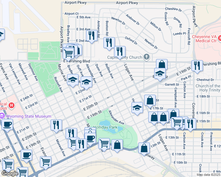 map of restaurants, bars, coffee shops, grocery stores, and more near 2021 Dunn Avenue in Cheyenne