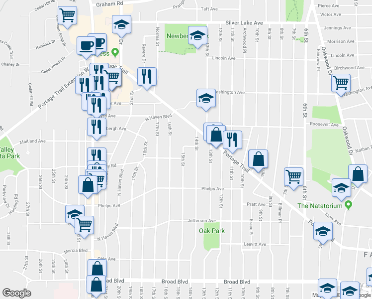 map of restaurants, bars, coffee shops, grocery stores, and more near 1450 Crest Avenue in Cuyahoga Falls