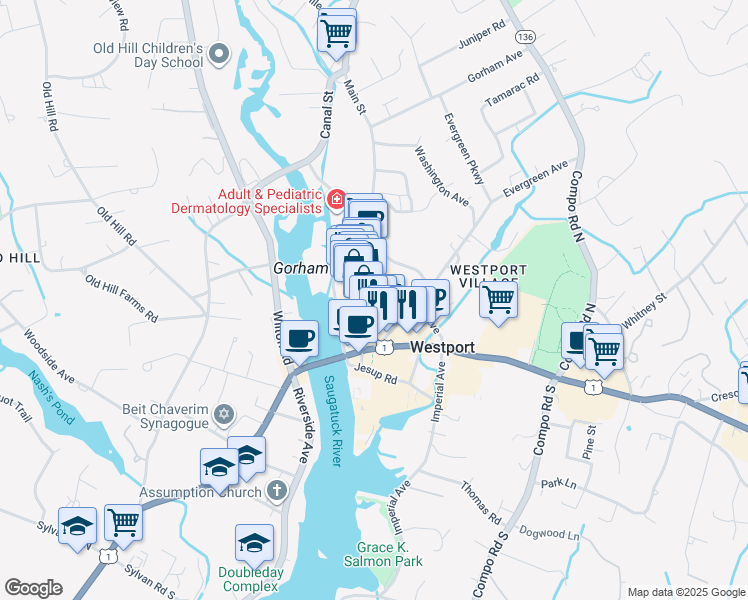 map of restaurants, bars, coffee shops, grocery stores, and more near 87 Myrtle Avenue in Westport