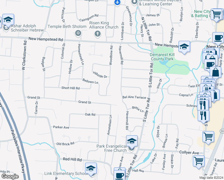 map of restaurants, bars, coffee shops, grocery stores, and more near 124 Bellows Lane in New City