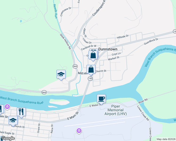 map of restaurants, bars, coffee shops, grocery stores, and more near 9-99 South Laurel Lane in Lock Haven