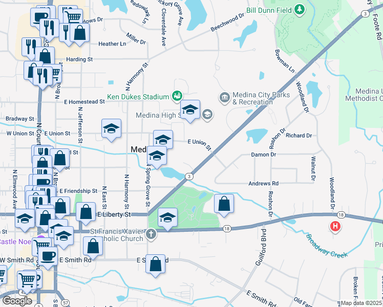 map of restaurants, bars, coffee shops, grocery stores, and more near 739 Weymouth Road in Medina