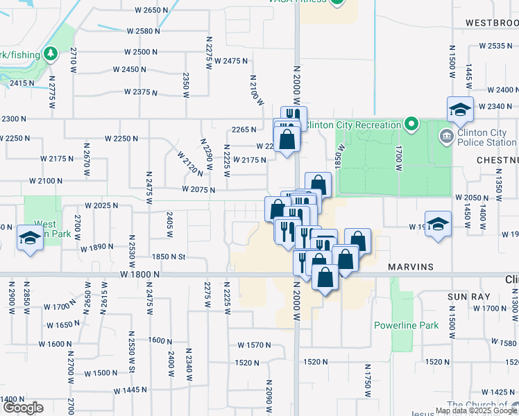 map of restaurants, bars, coffee shops, grocery stores, and more near 2105 West 2075 North in Clinton