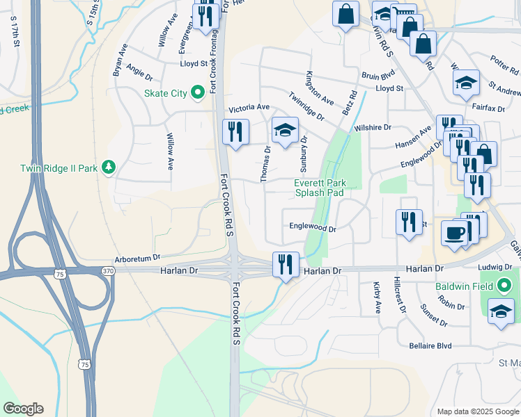 map of restaurants, bars, coffee shops, grocery stores, and more near 1512 Thomas Drive in Bellevue