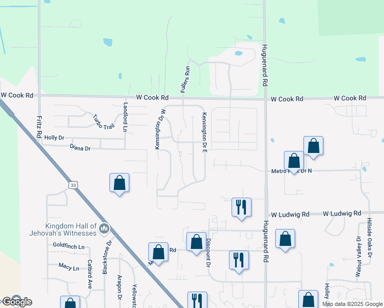 map of restaurants, bars, coffee shops, grocery stores, and more near 4322 Laurel Terrace in Fort Wayne