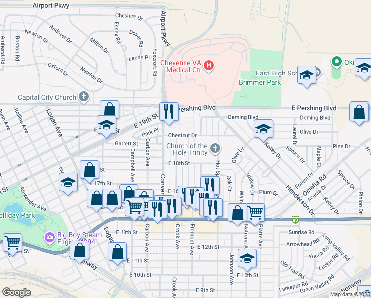 map of restaurants, bars, coffee shops, grocery stores, and more near 1847 Crook Avenue in Cheyenne