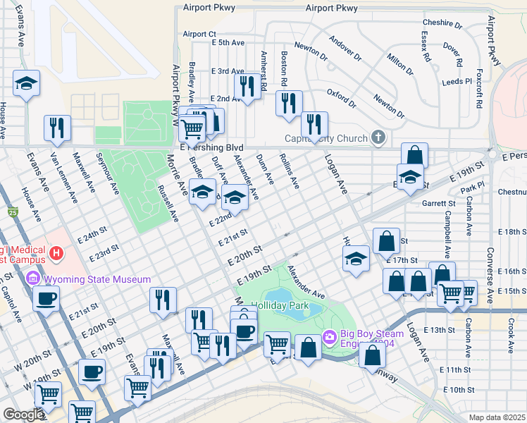 map of restaurants, bars, coffee shops, grocery stores, and more near 1315 East 22nd Street in Cheyenne