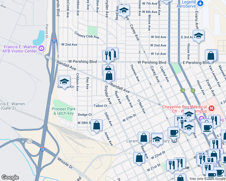 map of restaurants, bars, coffee shops, grocery stores, and more near 813 Randall Avenue in Cheyenne