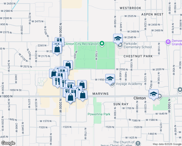 map of restaurants, bars, coffee shops, grocery stores, and more near 2032 North 1720 West in Clinton