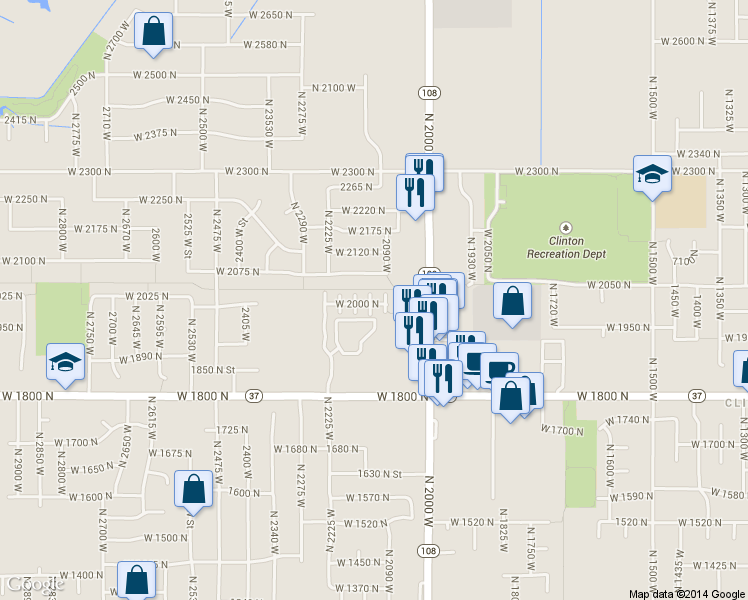 map of restaurants, bars, coffee shops, grocery stores, and more near 2105 West 2075 North in Clinton
